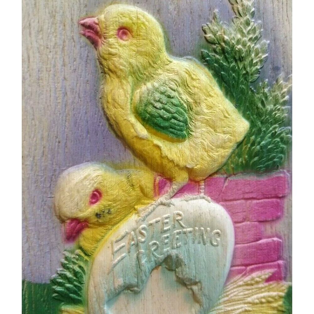 Vintage Easter Postcard Thick 3-D Raised Image Big Egg Two Chicks Pastel Unused